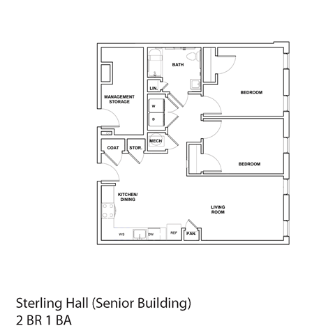 Floor plan for 2 beds, 1 bath, 868 sqft